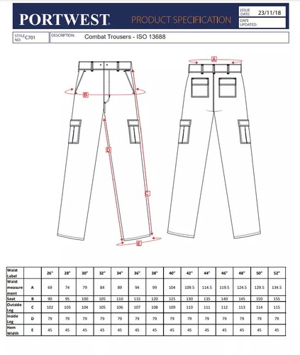 Portwest Mens Cargo Combat Trousers Lightweight Work Pants Cotton Bottoms C701 - 第 2/16 張圖片