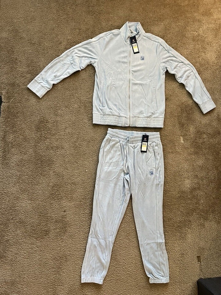 Fila Mens Velour Tracksuit Sweatsuit Solid Baby Blue Velvet Sz M L XL