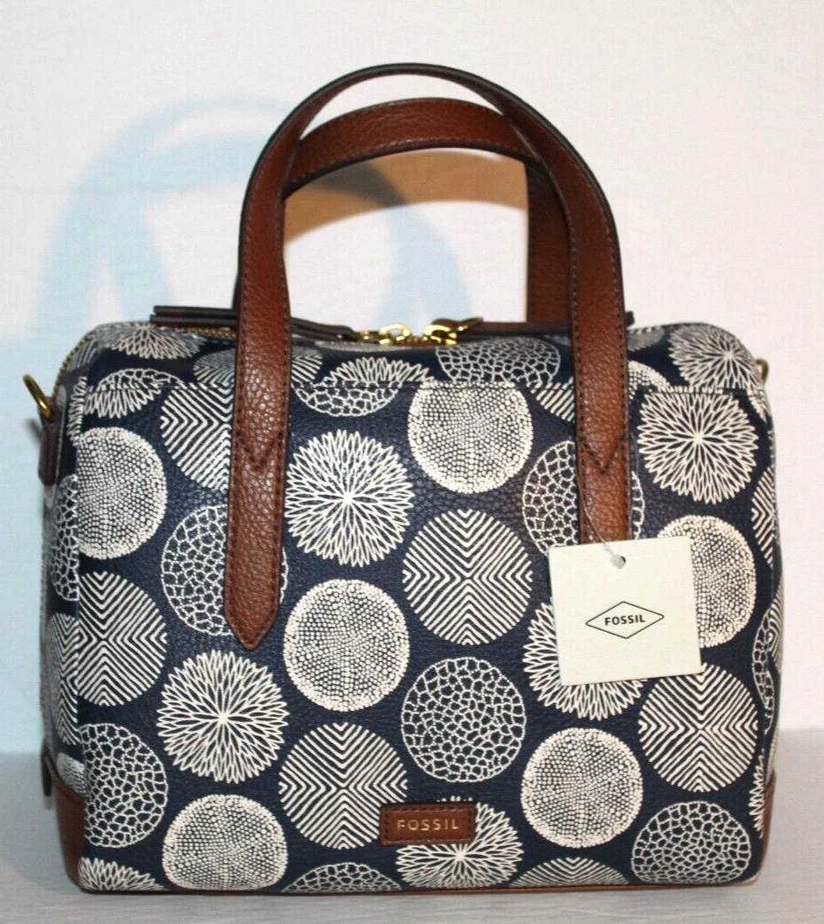 FOSSIL SYDNEY SATCHEL BLUE WHITE VEGAN TOP HANDLE BAG W DETACHABLE