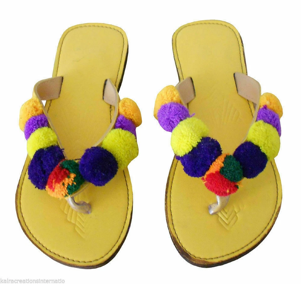 Chanclas planas étnicas amarillas de cuero indio hechas a mano para mujer EE. UU. 5 Foto 2 de 4