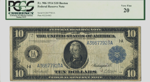 Fr. 906 - 1914 $10 Boston - Large FR Note - BLUE SEAL - PCGS Very Fine 20