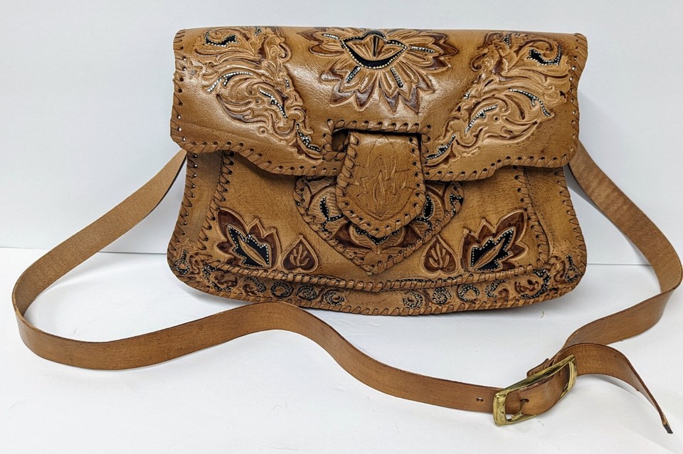 Pattern Stamped Hand Tooled Leather Crossbody Purse Handbag Shoulder