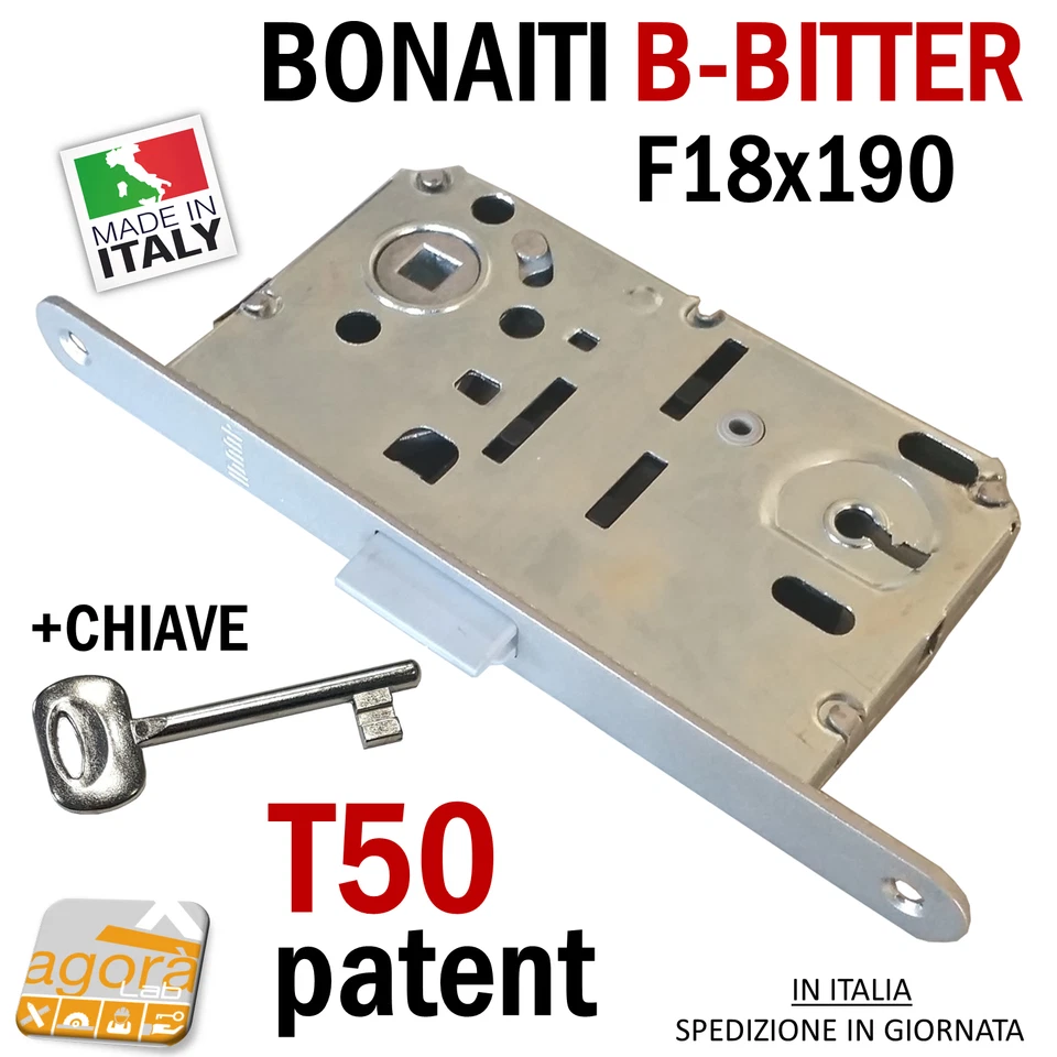SERRATURA PORTA BONAITI BITTER A80 T50 PATENT FRONTALE 18x190mm ARGENTO E50 I90 - Immagine 4 di 4