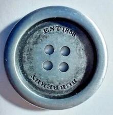 BURBERRY Metal 4-Hole Button, 1", Stamped Est 1856, Silver, Round Edge Flat Back