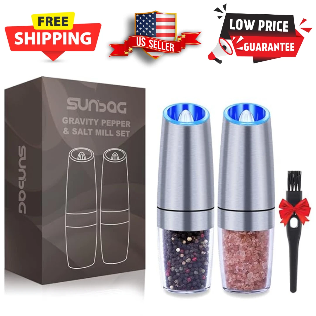 2 Pack Gravity Electric Salt and Pepper Grinder Mill Shaker Adjustable Automatic