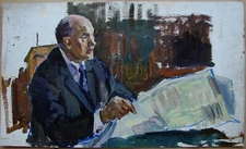 Ukrainian Soviet USSR Oil Painting impressionism male portrait man newspaper