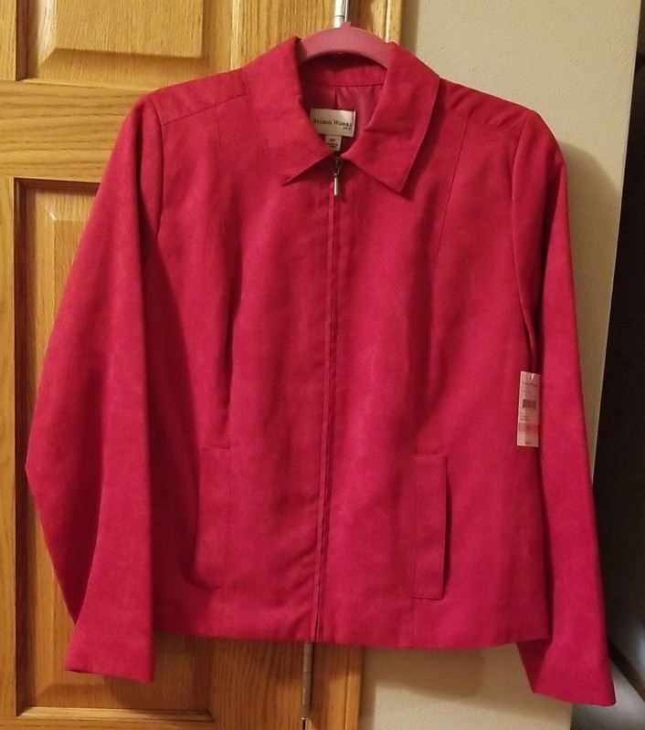 NWT Studio Works Petite 10P Faux Suede Zip Up Romanov Red Shirt Jacket 