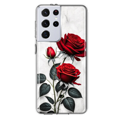 For Samsung Galaxy S21 Ultra Shockproof Hybrid Case, White Marble Red Roses