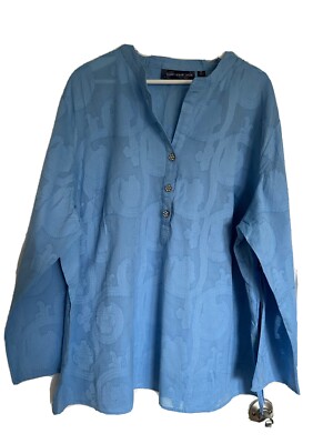 Susan Graver Style  2X 100% Cotton Long Sleeve Blouse Button Up Colored Neck