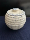 R R P Co.  Blue Spongeware Stoneware Crock or Cookie Jar made in Roseville, Ohio