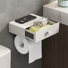 VOLDRA Toilet Paper Holder with Shelf White, Wipes Dispenser, Wall Mount, No-Dri