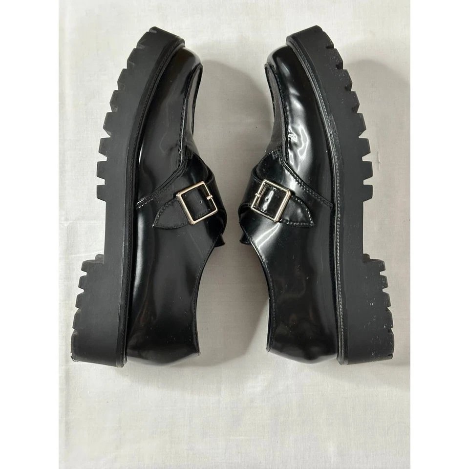 H&M Women Platform Loafers Shoes Black Patent Leather Sz 9 Lug Sole Chunky - Image 3 of 4