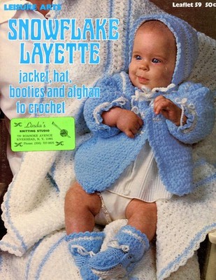 Leisure Arts Crochet Pattern Leaflet 59 Snowflake Layette Jacket Hat Booties Afg