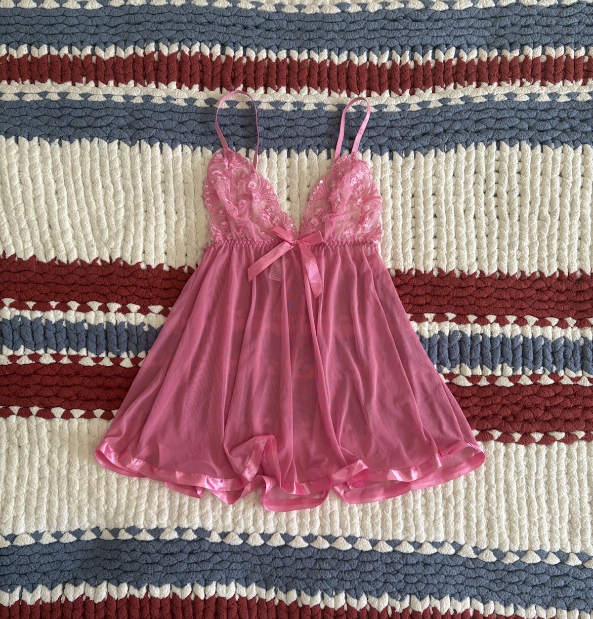 Y2K Vintage Babydoll Gown Pink Lace Mesh Sheer Bow Lingerie Nightie Size Small