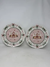 2 Potter's Studio PINK CHRISTMAS Cottage Ceramic Dinner Plates 10.5” holiday HTF