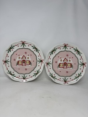 2 Potter's Studio PINK CHRISTMAS Cottage Ceramic Dinner Plates 10.5  holiday HTF