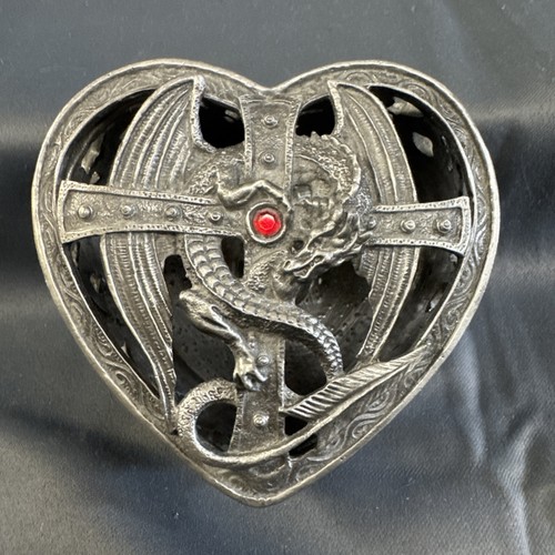 Vintage Zemeno Myths & Legends Dragon Cross Heart Shaped Pewter Trinket Box