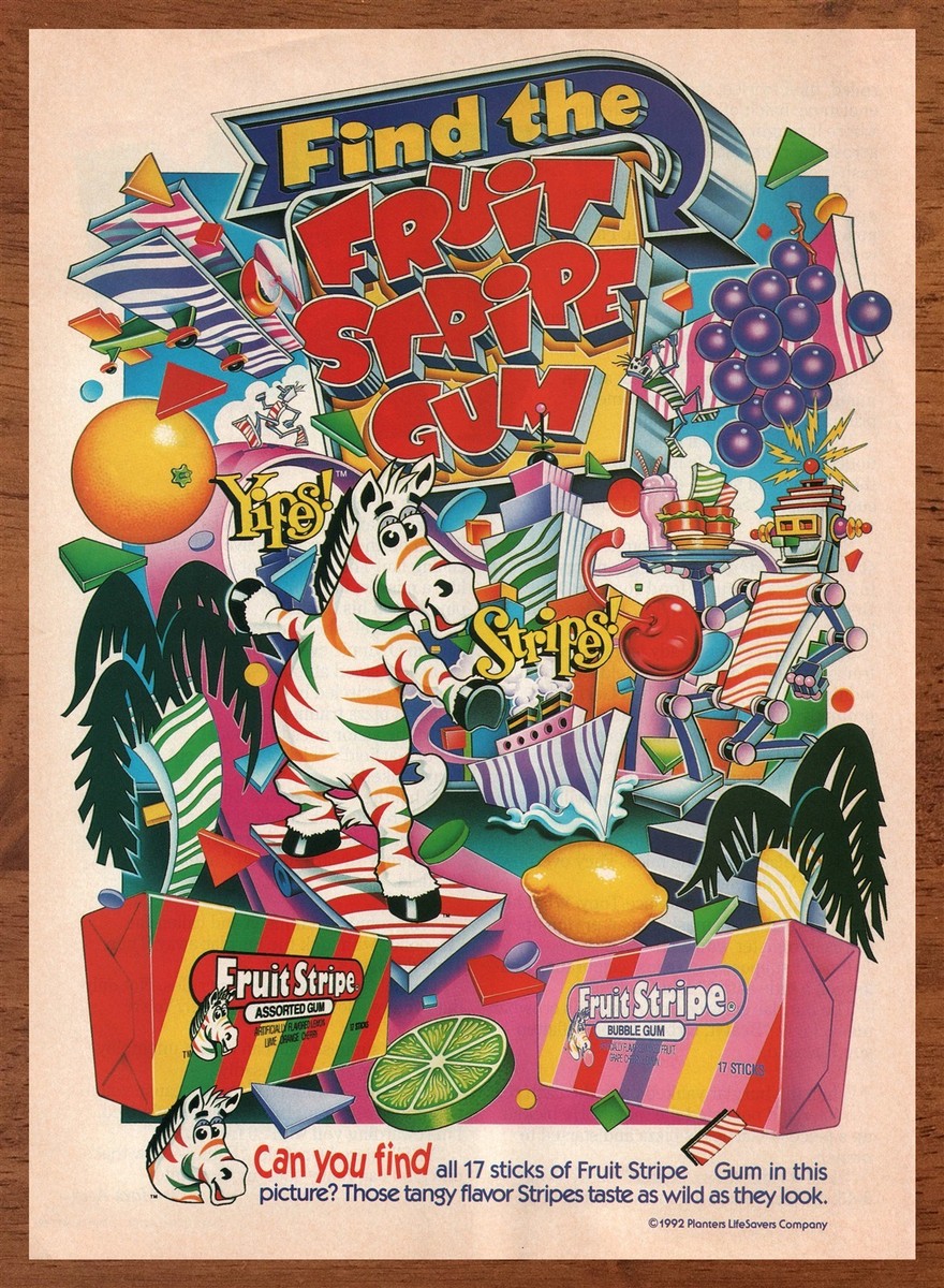 1992 Fruit Stripe Gum Vintage Print Ad/Poster Authentic Zebra