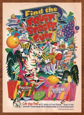 1992 Fruit Stripe Gum Vintage Print Ad/Poster Authentic Zebra