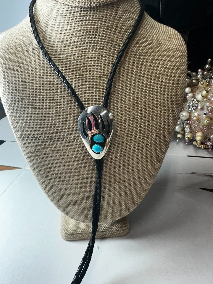 Corbata Nativo Americano Bolo Navajo Firmada Thomas Nez Oso Pata Turquesa TN Foto 2 de 4