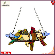 Tiffany Style Stained Glass Window Panel 4 Birds Hanging Art 16x9