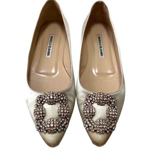 Manolo Blahnik Hangisi Flat Pumps Beige Gold Satin Jewel Buckle Shoes Size 37 - Picture 23 of 24