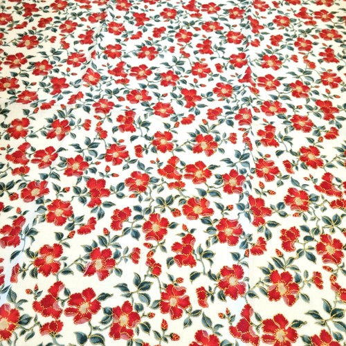 Cotton Fabric Red Flowers Green Leaves Gold Glitter Accents 18x42" Hoffman - Picture 6 of 13