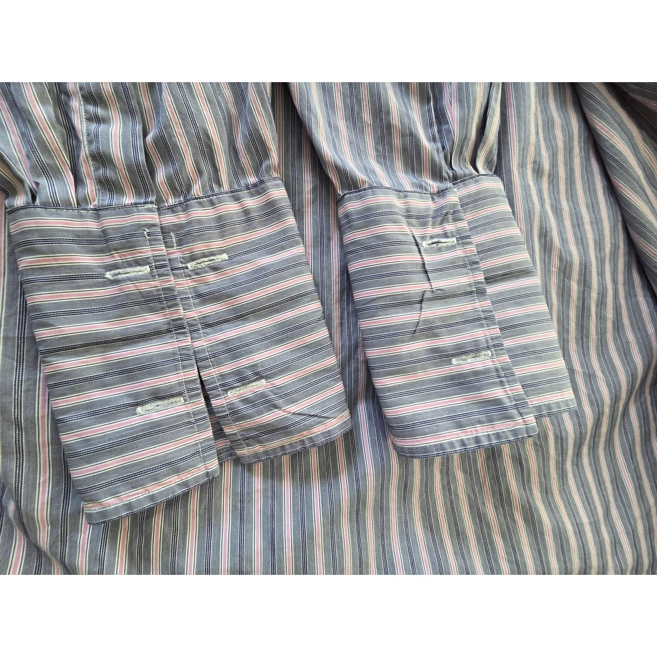 Faconnable French Cuff Dress Shirt 6/17R Blue Pink Stripe Made in USA Luxury - Image 4 of 4