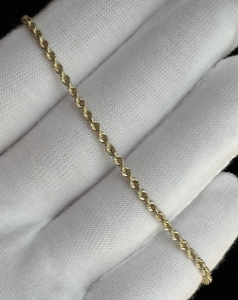 Браслет женский из желтого золота 14 карат 2 мм 7,25 дюйма веревочная цепочка винтажная застежка-бочонок 1,60 г - Изображение 2 из 4