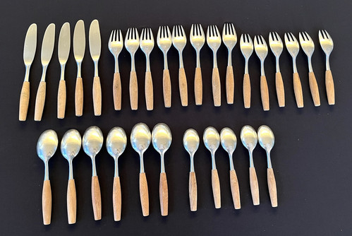 30 Pcs DANSK MCM Fjord Wood Handle Stainless 4 Ducks Logo Germany Flatware Lot - Picture 5 of 13