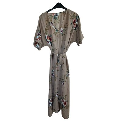 Kleid Damen Dress Maxikleid Gr. 6XL Taupe Blumen Wickeloptik Gürtel Boho Elegant