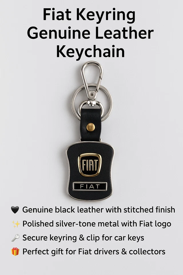 Fiat Keyring Genuine Leather Keychain Black & Silver Car Key Fob Accessory Gift