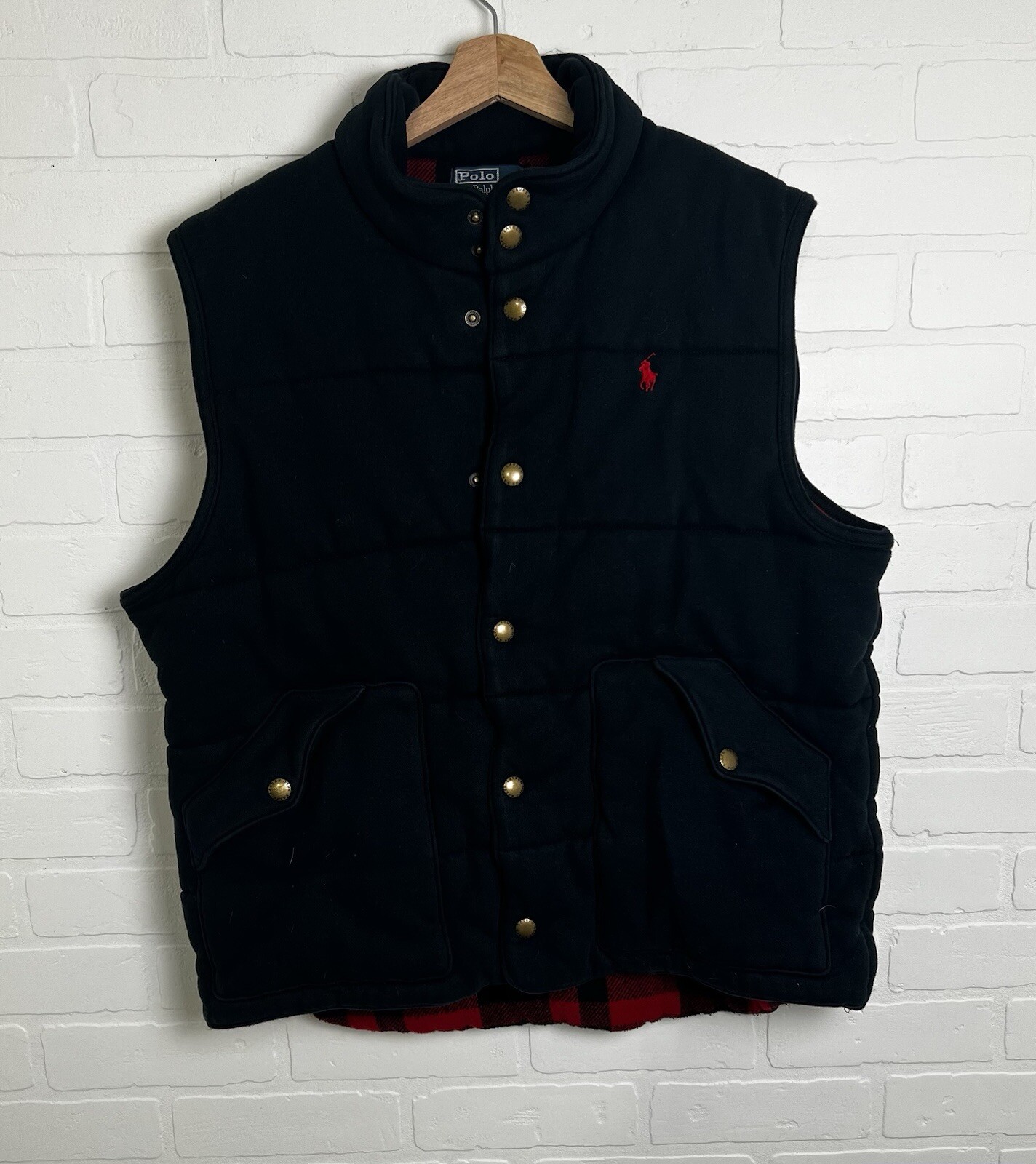 VTG Polo Ralph Lauren Size Large Flannel Plaid Lined Snap Front Mens Vest Puffer