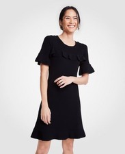 Ann Taylor-Woman's Large Tall (LT) Black Chevron Ruffle Sweater Dress $139 (U79)