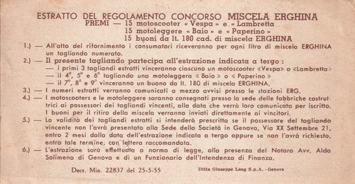 Miscela Erghina ERG Genova - Tagliando Concorso a Premi 1955 Vespa Lambretta - Imagen 2 de 2