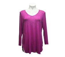 Joan Vass New York Long Sleeve Sequin Tunic Top Side Slits Ember Glow Purple XL
