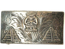 VINTAGE STERLING BELT BUCKLE MAYAN PYRAMIDS JALISCO SIGNED V.H.LC GUAD MEXICO