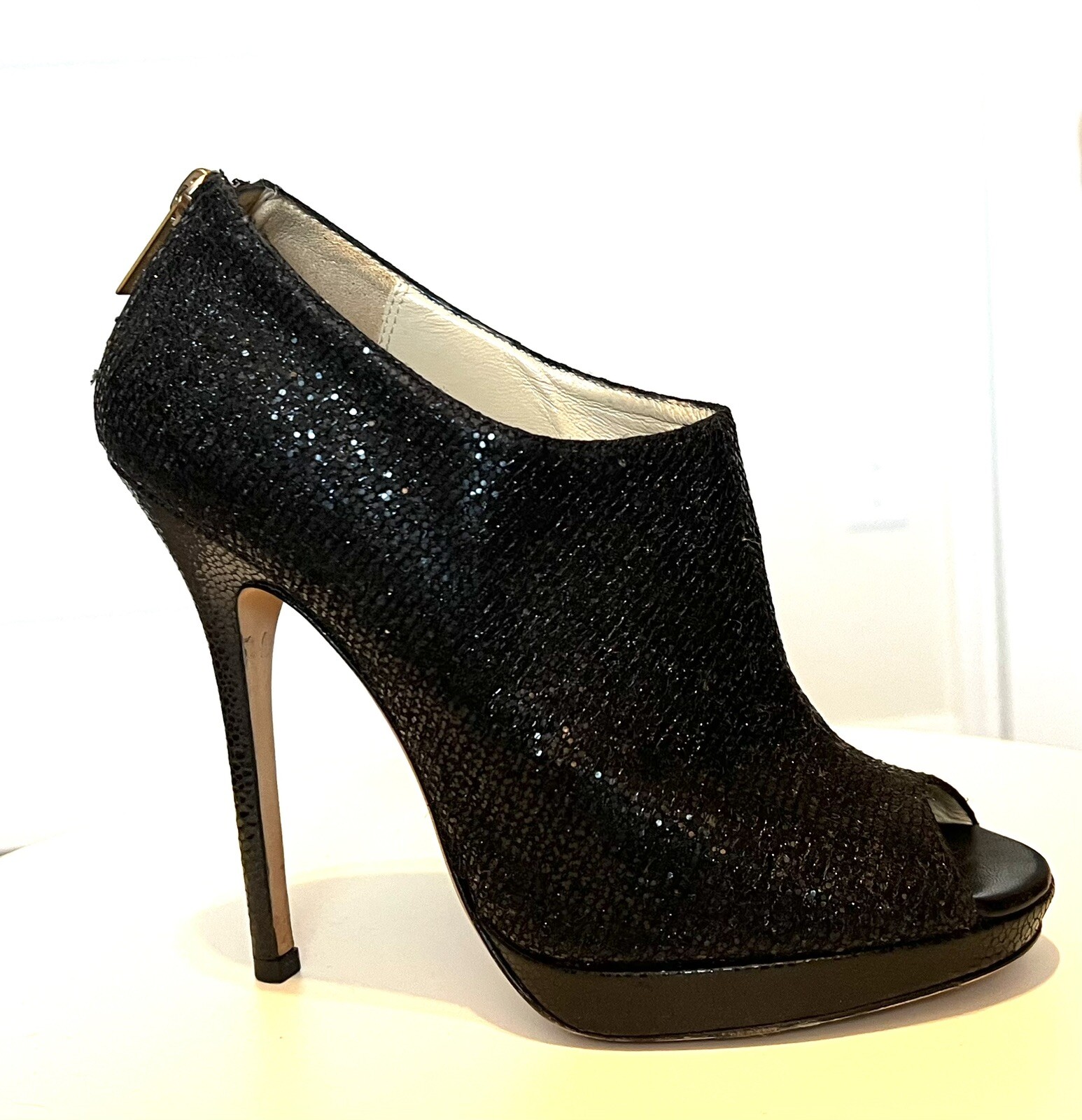 Jimmy Choo Black Glitter Open Toe Ankle Booties, size… Gem