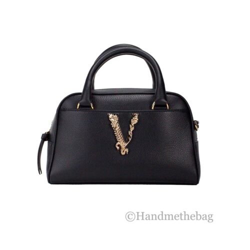 Versace Virtus Small Black Grainy Leather Bowling Top Handle Crossbody Handbag - Picture 1 of 8