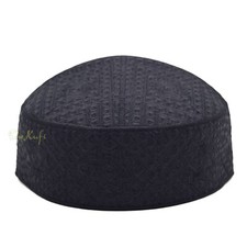 Pakistani Muslim Kufi Hats - Black Intricate Embroidery Diamond Motif Round Cap