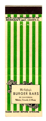 McCAFFERY'S BURGER BARS matchbook matchcover - WHITTIER - NORWALK - EL MONTE, CA