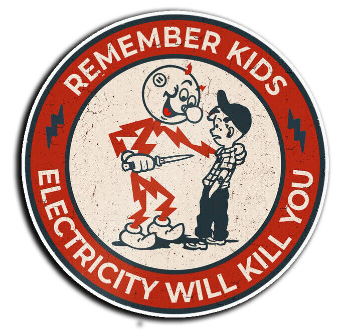 Reddy Kilowatt Knife Kid Electricity Kills Tool Box Car Circle Decal Sticker 4"