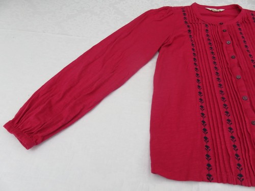 BLUSA TOP 100% ALGODÓN MANGA LARGA ROSA MAGENTA SUELO CON BORDADO AZUL MARINO UK 12 - Imagen 12 de 17