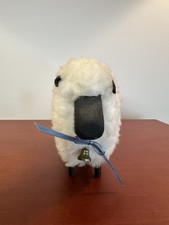 Vintage Wool Sheep Figurine Wood Peg Legs Brass Bell Ribbon Collar Decor