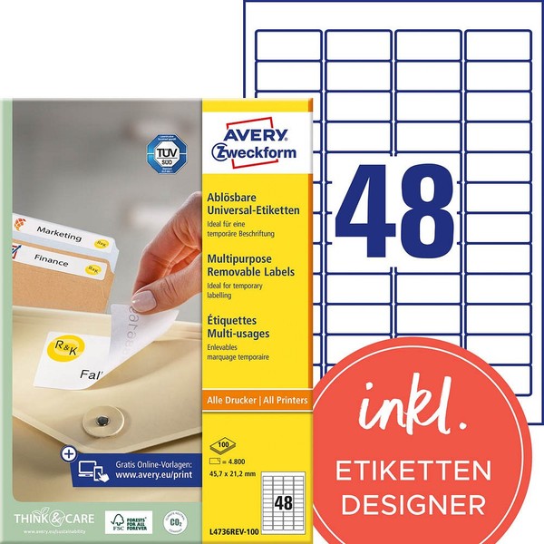 Avery Zweckform Etiketten L4736REV-100 Weiß 45,7 X 21,2 Mm, 100 Blatt-image