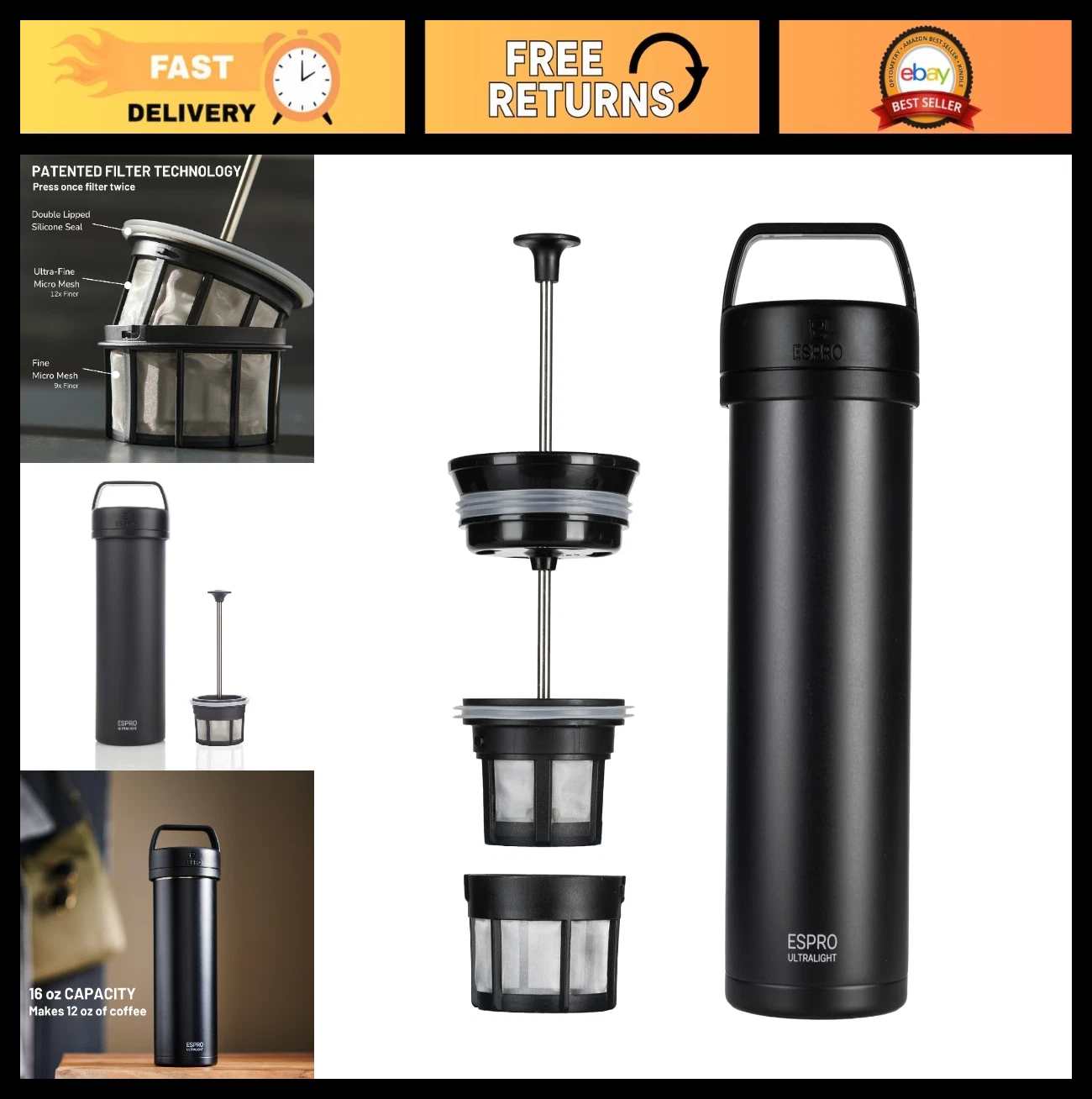 Ultralight Travel French Press Coffee Maker, Vacuum Insulated, 16oz, Stainless S
