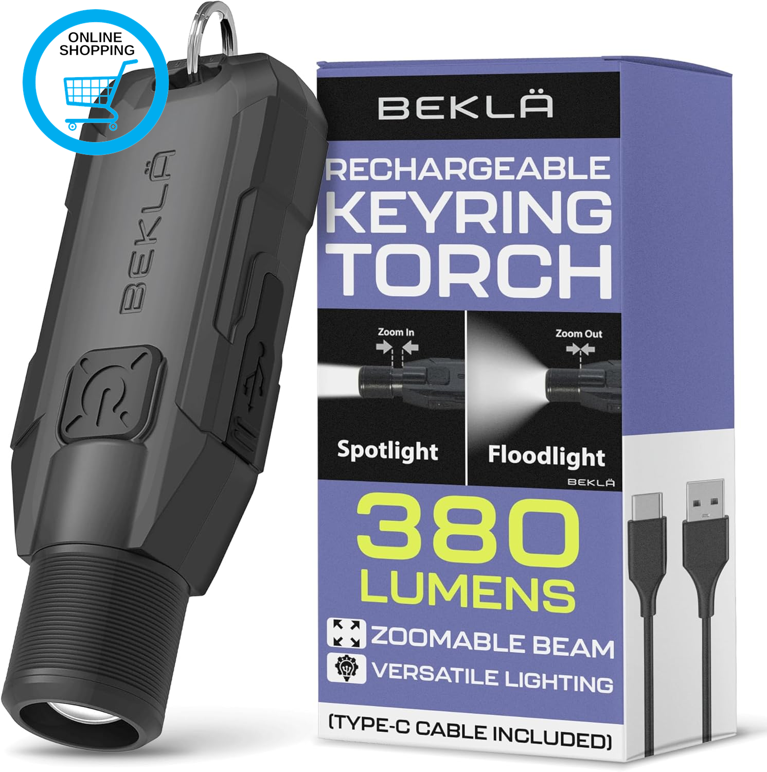 Keyring Torch Zoomable - 380 Lumen LED Small Flashlight, Rechargeable, EDC Mini