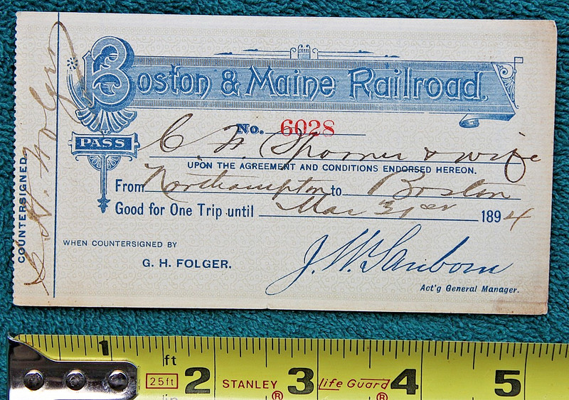 1894 Northampton to Boston Railroad Pass Boston & Maine Railway Massachusetts RR