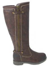 Womens Ladies Buckle Knee Length High Flat Block Low Heel Faux Leather Boots