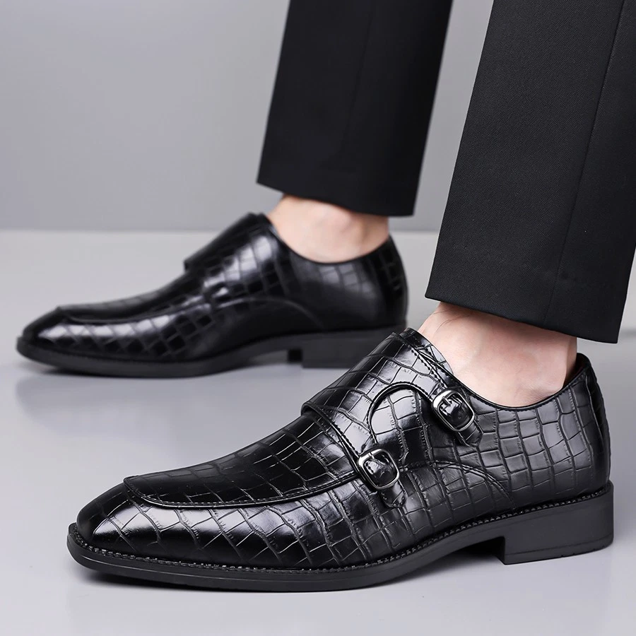 Men's Dress Shoes Monk Strap checkered Pointed Toe Business Loafers with Buckles - Image 4 of 4